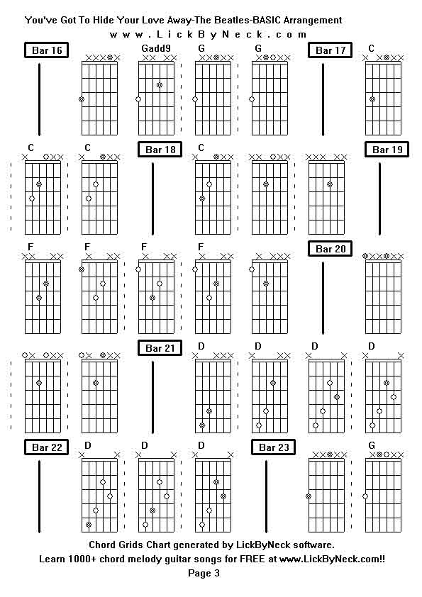 Chord Grids Chart of chord melody fingerstyle guitar song-You've Got To Hide Your Love Away-The Beatles-BASIC Arrangement,generated by LickByNeck software.